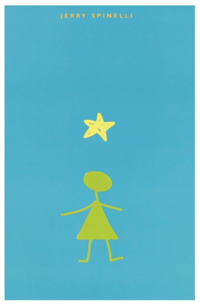 Text: Jerry Spinelli
Stargirl book cover description: A yellow star over the drawing of a girl figure in green on a light-blue cover.