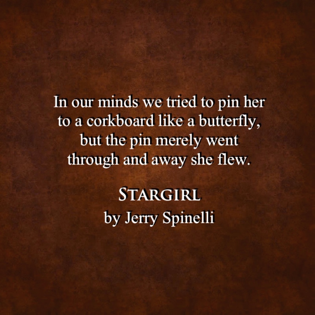 White text on a brown background reads,
In our minds we tried to pin her to a corkboard like a butterfly, but the pin merely went through and away she flew.
STARGIRL
by Jerry Spinelli