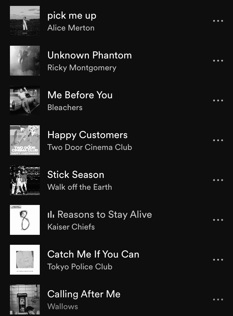 Spotify screenshot lists songs by title then artist:

pick me up-Alice Merton
Unknown Phantom-Ricky Montgomery
Me Before You-Bleachers
Happy Customers-Two Door Cinema Club
Stick Season-Walk off the Earth
Reasons to Stay Alive-Kaiser Chiefs
Catch Me If You Can-Tokyo Police Club
Calling After Me-Wallows